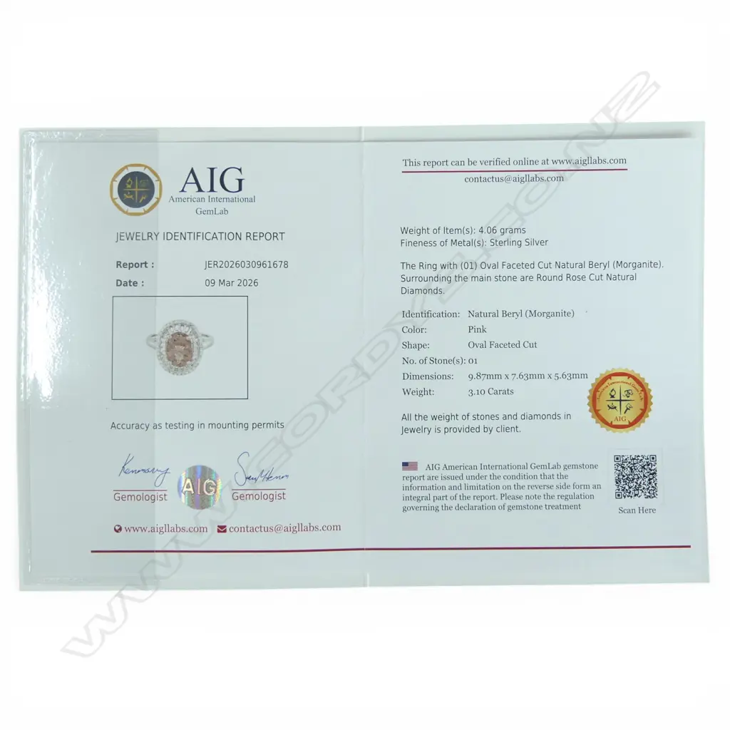 SILVER MORGANITE & ROSE CUT DIAMOND RING, AIG CERT Image 1++