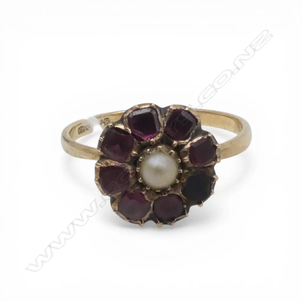 18CT GOLD ALMONDINE GARNET AND PEARL RING (antique setting on a later shank) 1.93gms SIZE O Image 1++