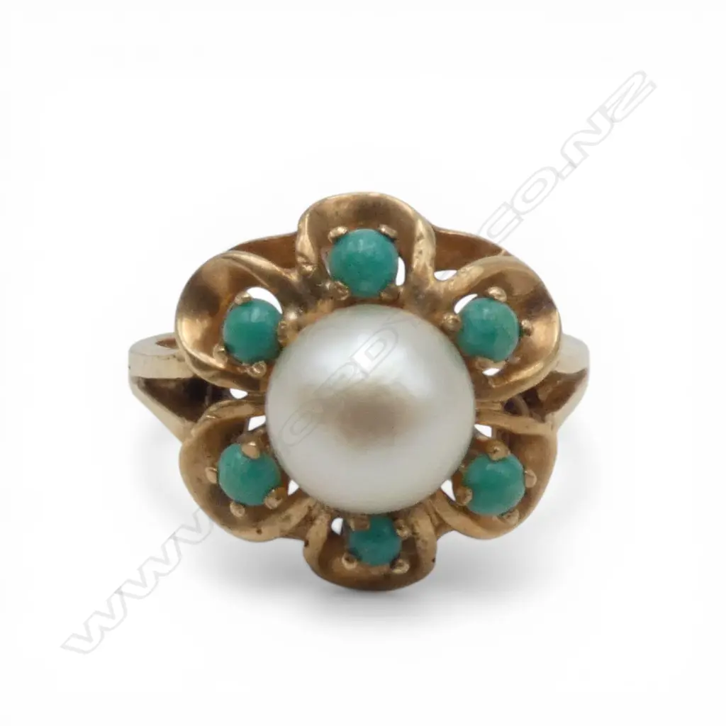 VINTAGE 9ct GOLD CULTURED PEARL & SMALL TURQUOISE BEAD RING 5gms size P Image 1++