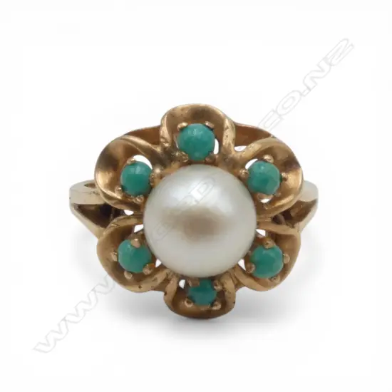 VINTAGE 9ct GOLD CULTURED PEARL & SMALL TURQUOISE BEAD RING 5gms size P
