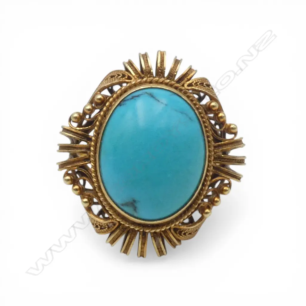 14ct TURQUOISE FILIGREE RING, 5.32gm SIZE P Image 1++