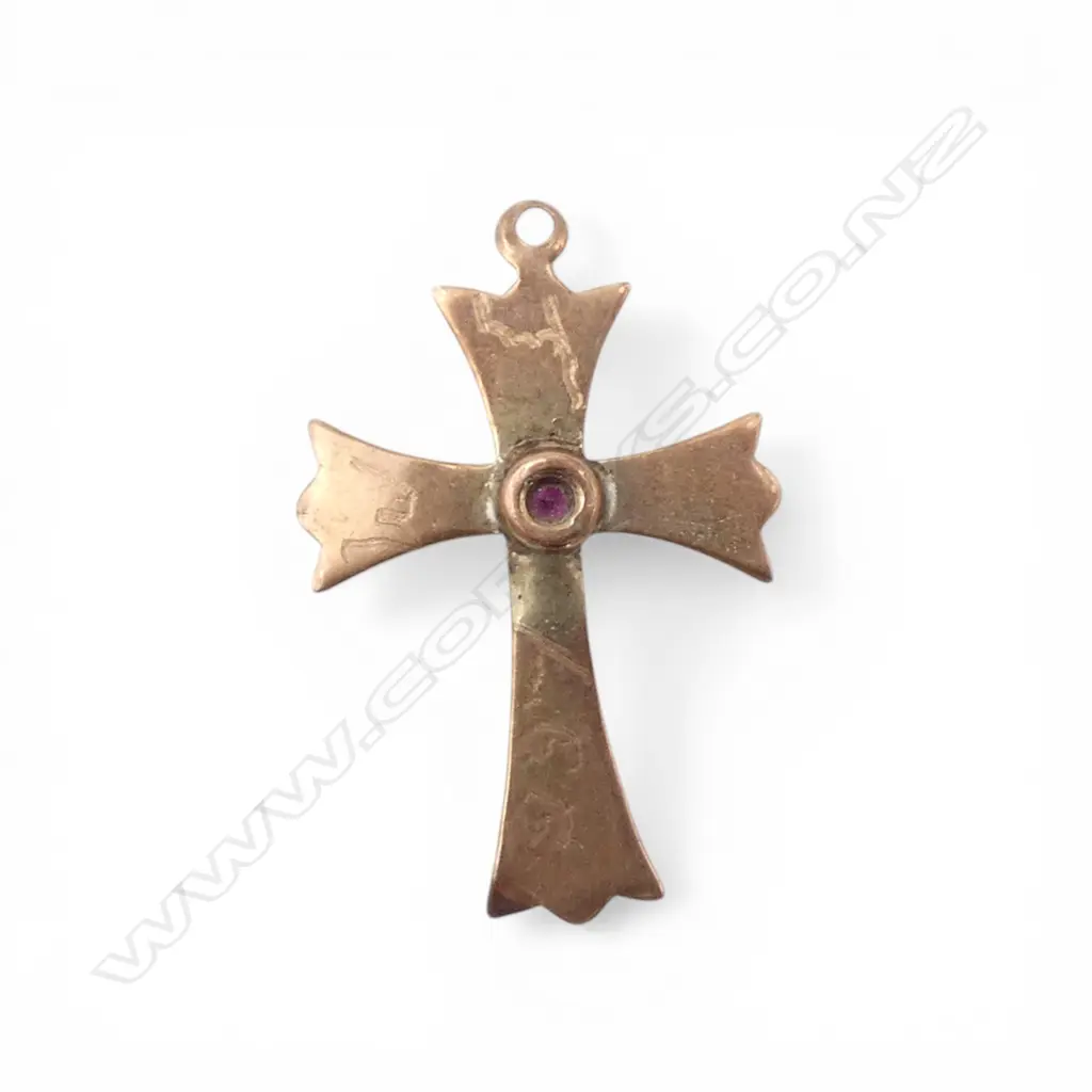 9ct ROSE GOLD CROSS 0.7gms SET WITH RED CENTRE STONE Image 1++
