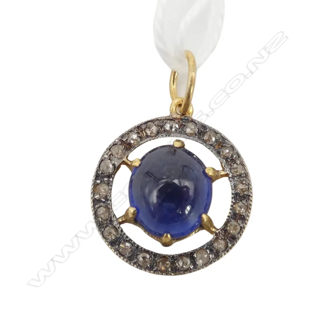 SILVER & SILVER GILT SAPPHIRE AND ROSE CUT DIAMONDS PENDANT (14CT BALE) Image 1++
