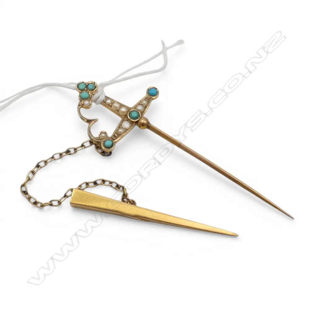 c1900 9ct GOLD seed pearl & turquoise SWORD & SCABBARD 3.5gms STICK PIN  Image 1++
