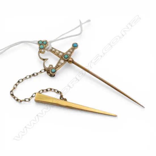 c1900 9ct GOLD seed pearl & turquoise SWORD & SCABBARD 3.5gms STICK PIN 
