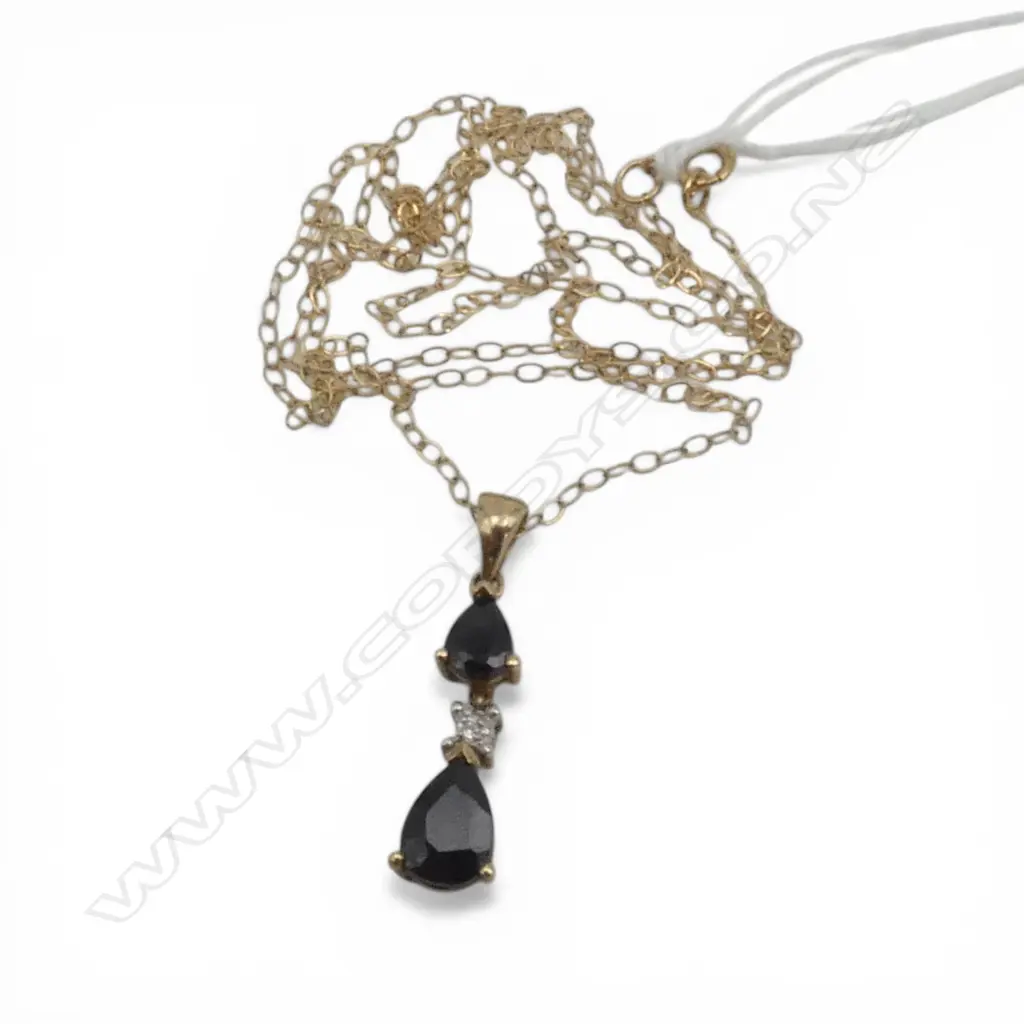 9ct SAPPHIRE & DIAMOND PENDANT on 9ct CHAIN, 1.26 TW Image 1++