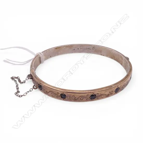 VINTAGE 9ct gold ON SILVER HINGED BANGLE SET WITH 5 SAPPHIRES