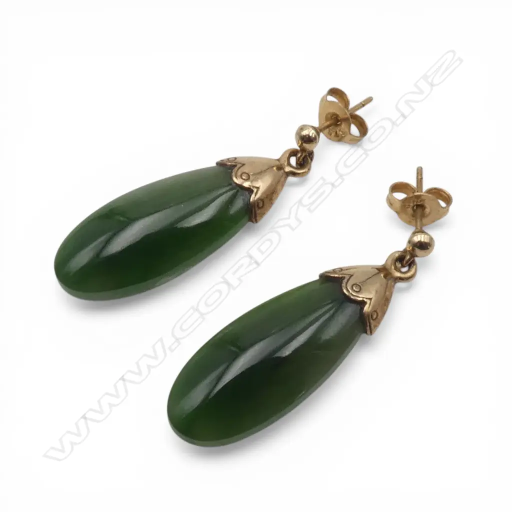 PR 9ct GOLD & POUNAMU EARRINGS 4.41gms Image 1++