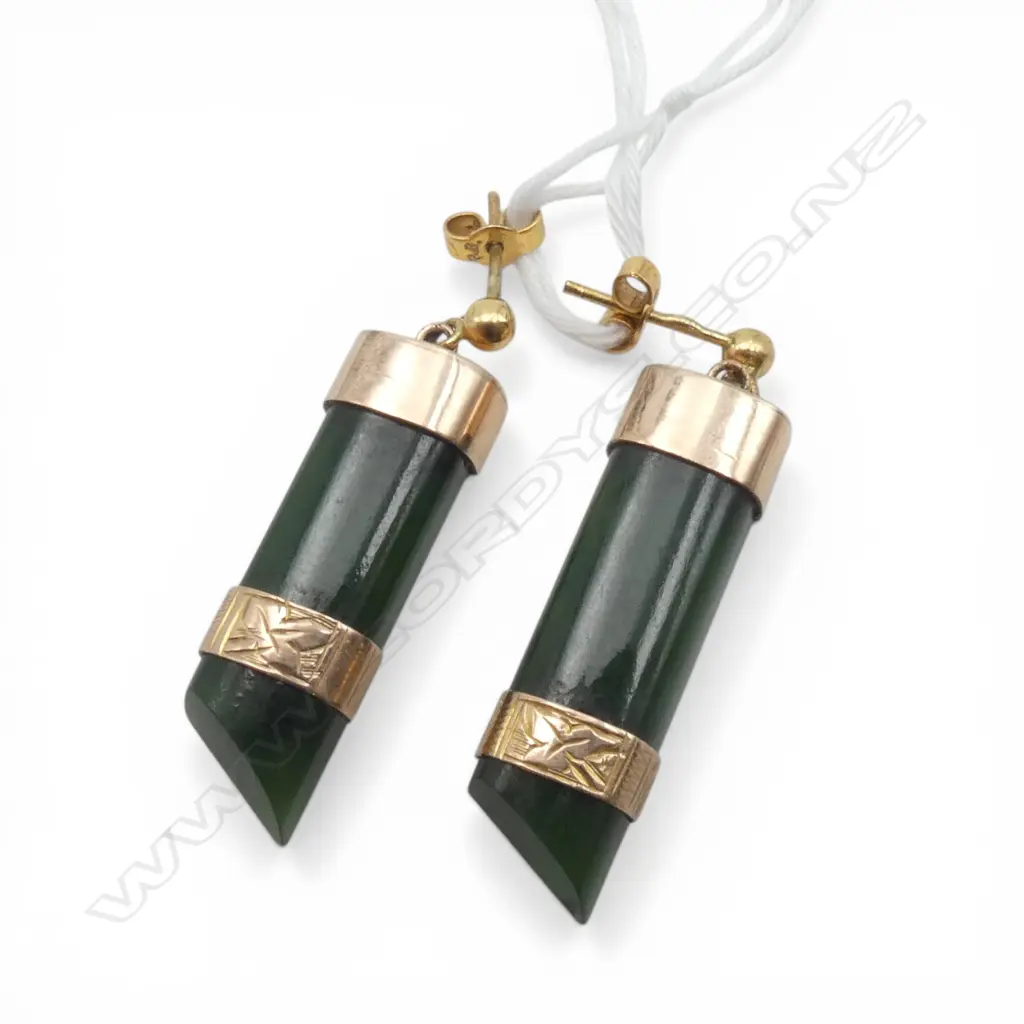 c1900 9ct GOLD & POUNAMU PR DROP EARRINGS rolled gold butterflies Image 1++