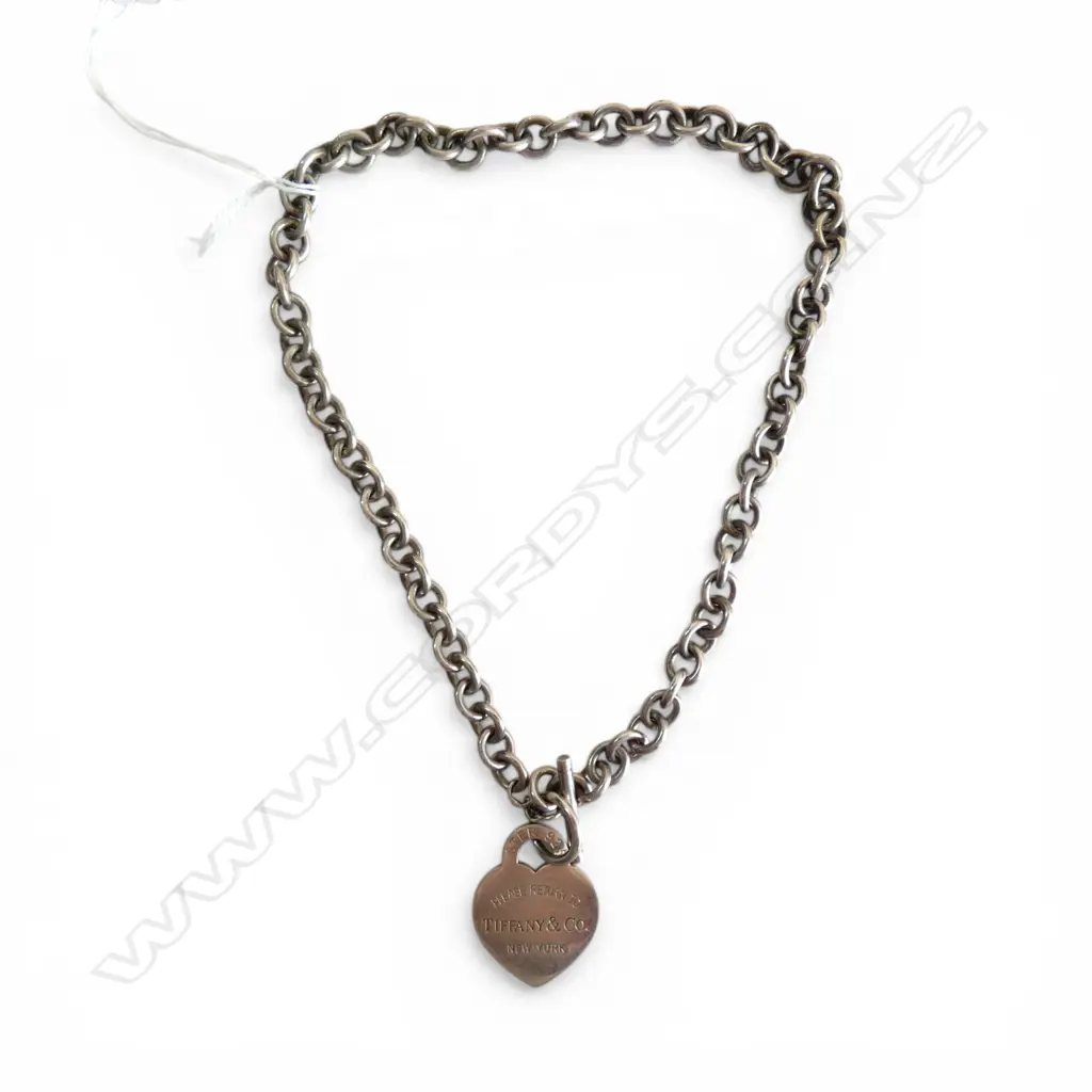 TIFFANY STG SILVER HEART CHARM T BAR NECKLACE L.420mm 57gms Image 1++