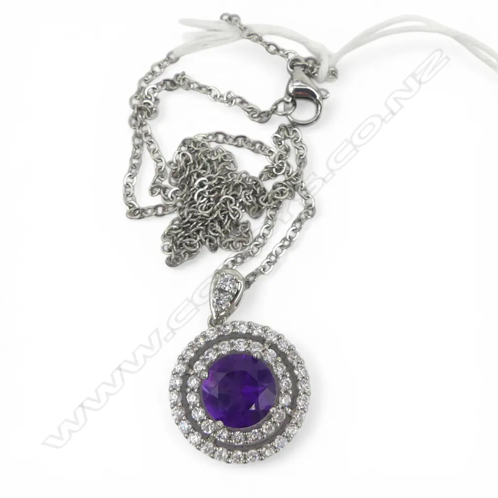 SILVER PLATED AMETHYST & CZ PENDANT on CHAIN, L.440mm Image 1++