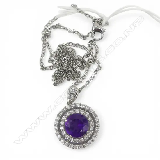 SILVER PLATED AMETHYST & CZ PENDANT on CHAIN, L.440mm