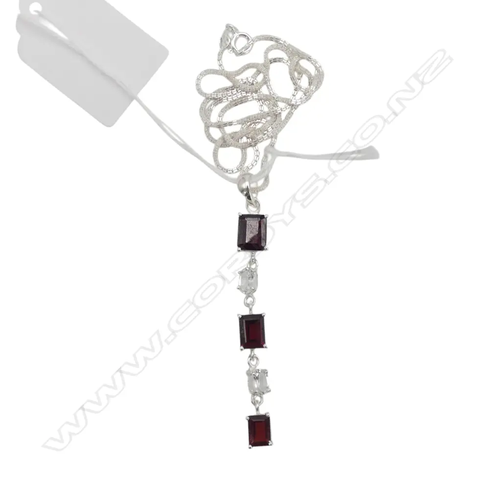 SILVER GARNET & WHT TOPAZ PENDANT on SILVER CHAIN, L.440mm Image 1++