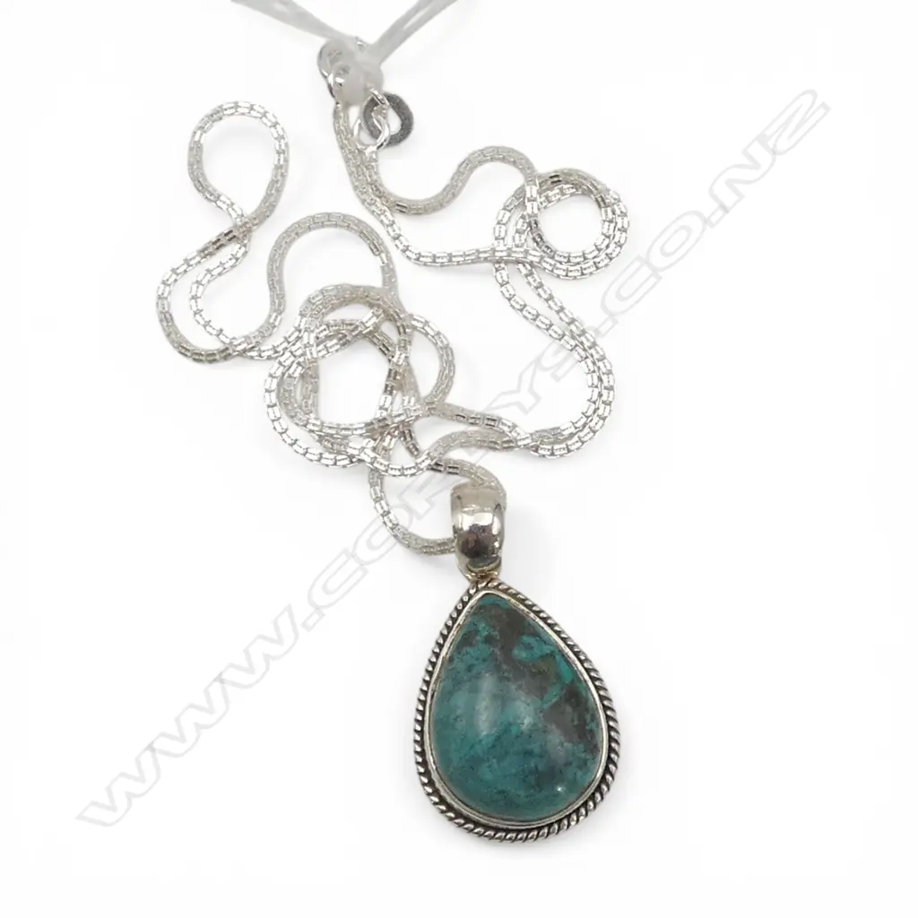 SILVER TURQUOISE PENDANT on SILVER CHAIN, L.440mm Image 1++