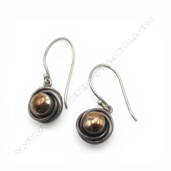 PR SILVER EARRINGS w central gold? dome, 1 dented