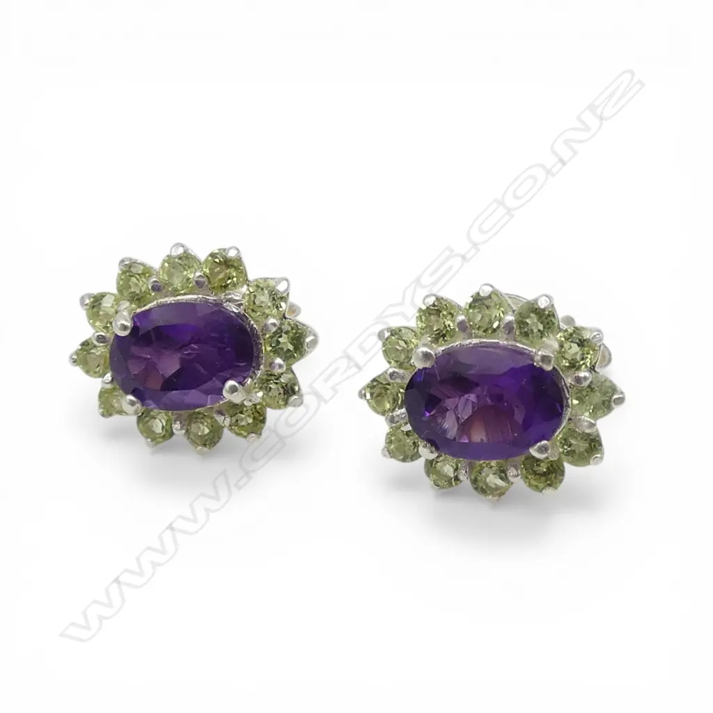 SILVER AMETHYST & PERIDOT CLUSTER STUDS Image 1++