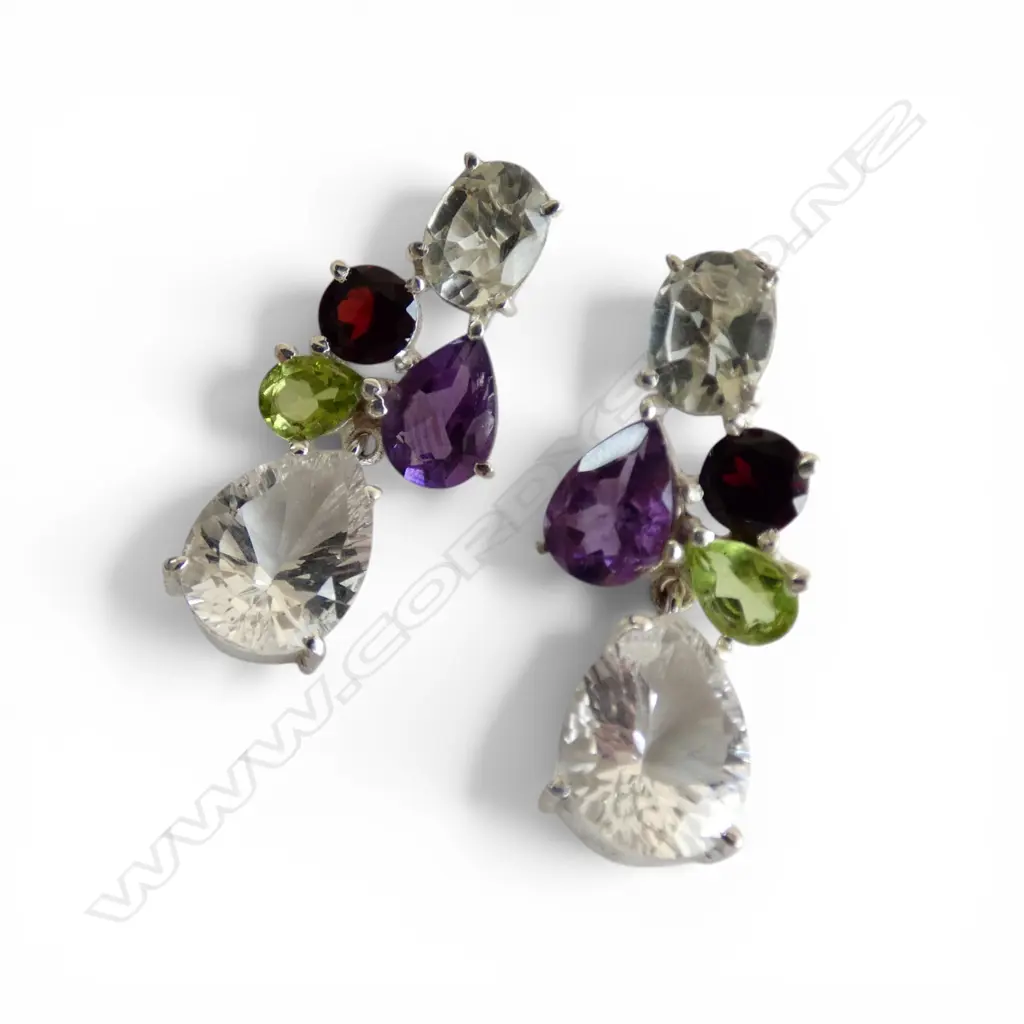 PR INDIAN SILVER & SEMI PRECIOUS GEMSTONE DROP EARRINGS, L.35mm Image 1++