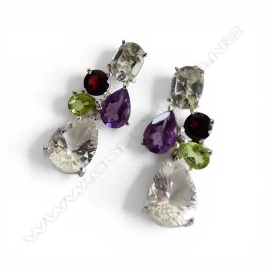 PR INDIAN SILVER & SEMI PRECIOUS GEMSTONE DROP EARRINGS, L.35mm