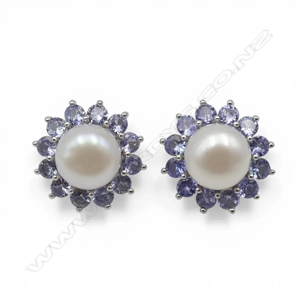 SILVER TANZANITE & PEARL EAR STUDS Image 1++