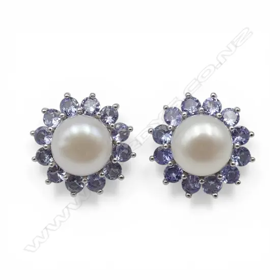 SILVER TANZANITE & PEARL EAR STUDS