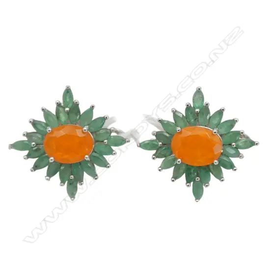 SILVER EMERALD AND FIRE OPAL EARRINGS