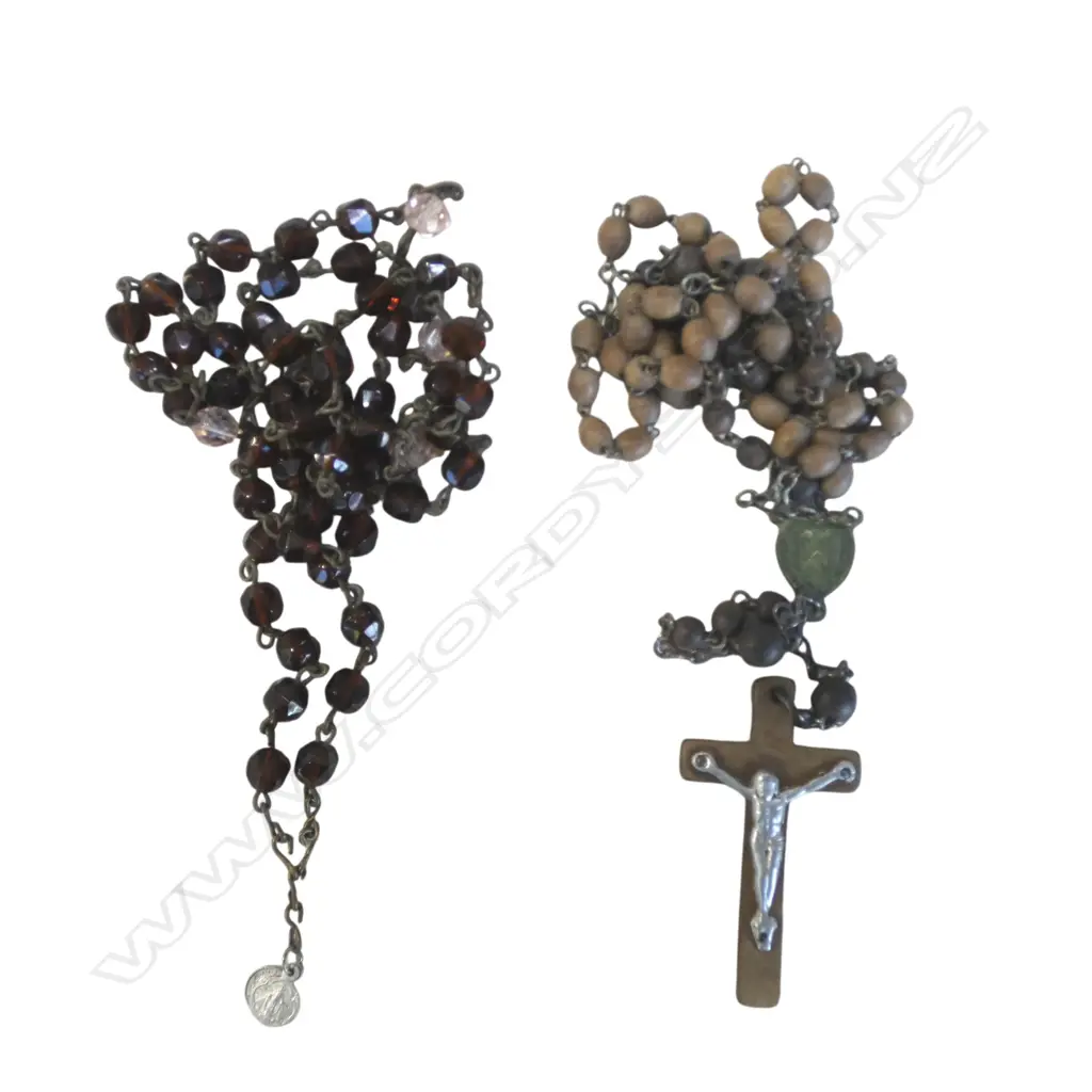 ANTIQUE ROSARY BEADS WOODEN & CUT-GLASS CATHOLIC PRAYER BEADS, L.530MM, L360MM Image 1++