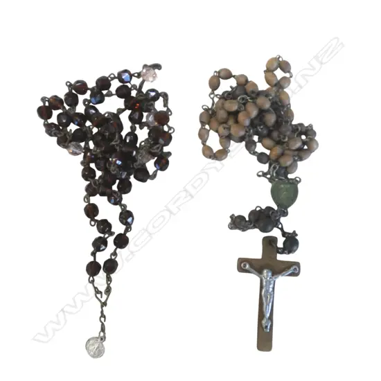 ANTIQUE ROSARY BEADS WOODEN & CUT-GLASS CATHOLIC PRAYER BEADS, L.530MM, L360MM
