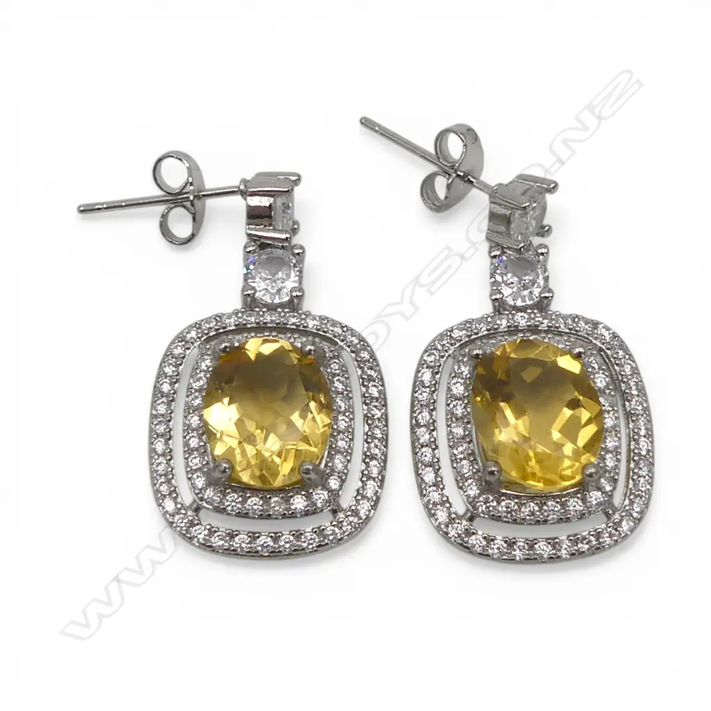 PR SILVER PLATED CITRINE & CZ EARRINGS Image 1++