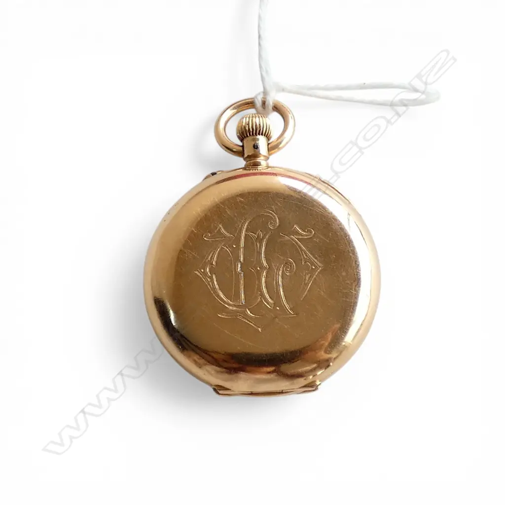 Early 20thC 18CT GOLD ladies POCKETWATCH half-hunter enamelled outer chapter ring. Running. 36.7gms Image 1++