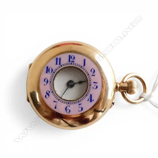 Early 20thC 18CT GOLD ladies POCKETWATCH half-hunter enamelled outer chapter ring. Running. 36.7gms