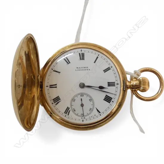18CT BAUME LONGINES LADIES HUNTER POCKET WATCH 33.7mm dia