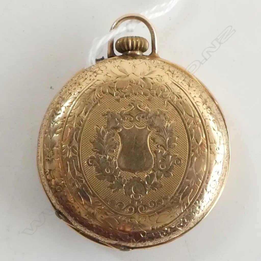 14ct GOLD EARLY 20thC mid-size OPEN FACE POCKET WATCH plated dust cover 32.5gms Image 1++