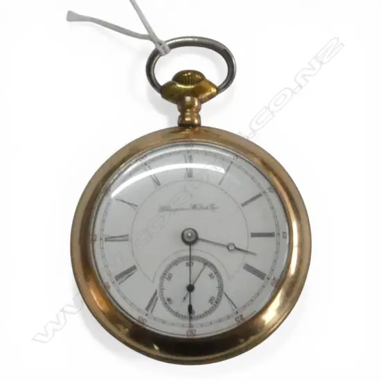 Early 20thC gold plate Hampden Watch Co. large open face pocket watch enamel dial sub seconds Dia.55mm