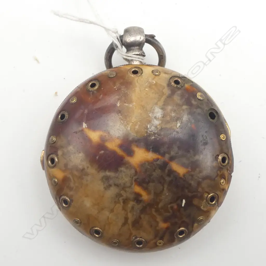 Goodhugh Snr of London 1823 silver verge fusee pocket watch in gilt & tortoiseshell outer case on brass stand Image 1++