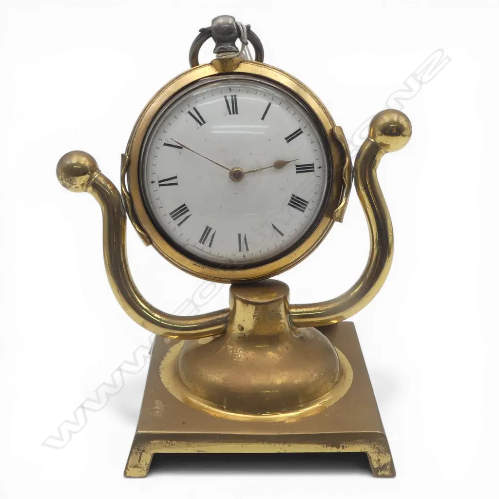 Goodhugh Snr of London 1823 silver verge fusee pocket watch in gilt & tortoiseshell outer case on brass stand Image 1++