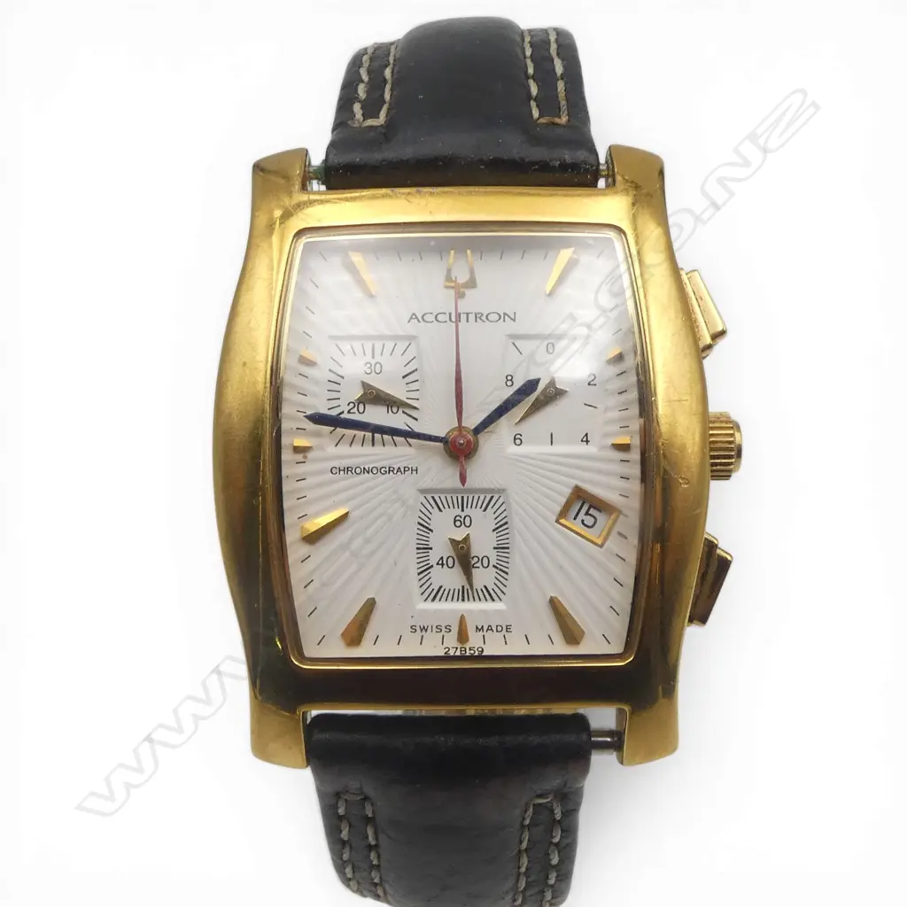 BULOVA ACCUTRON A3 gold plated CHRONOGRAPH WRISTWATCH leather strap. Running. In named box. Image 1++