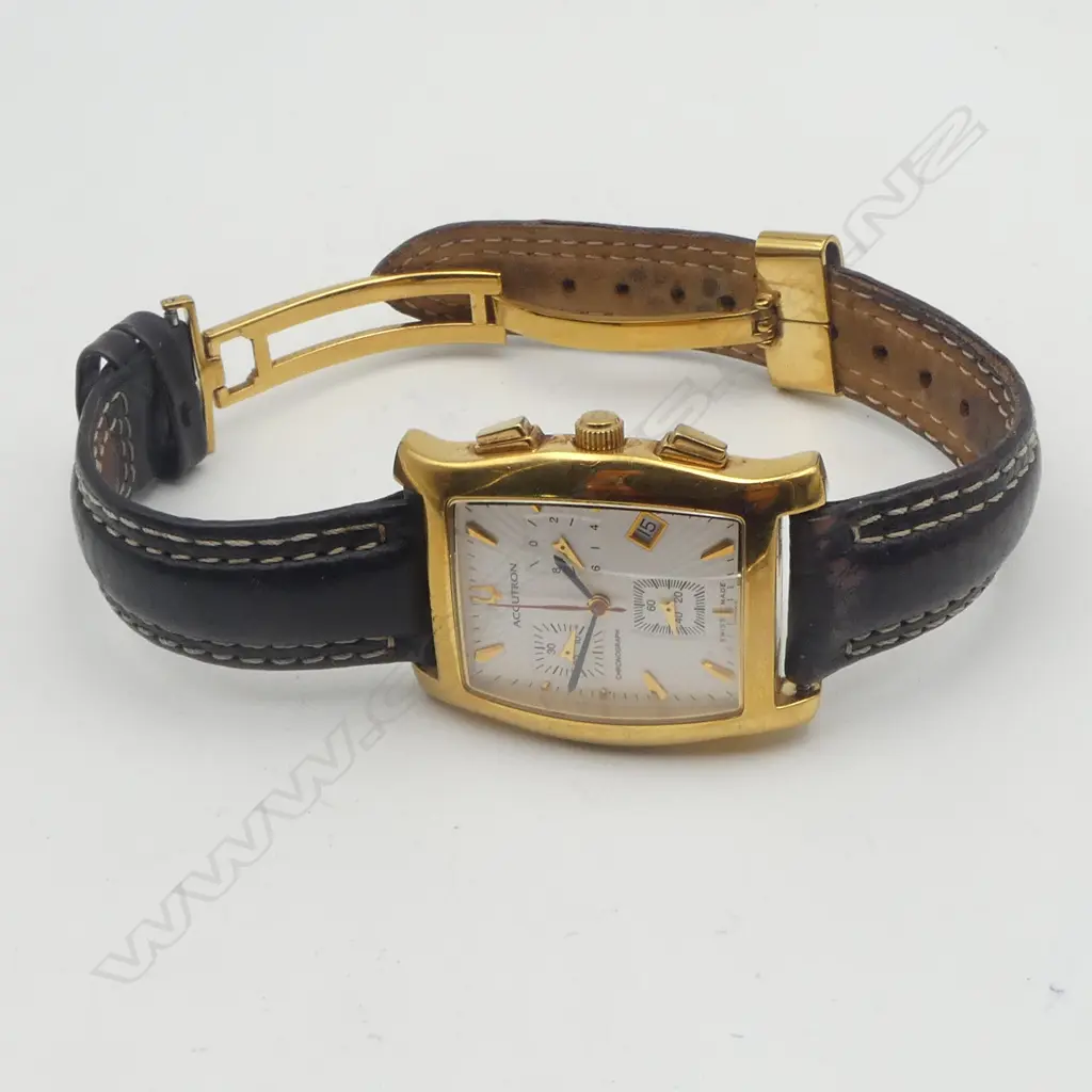 BULOVA ACCUTRON A3 gold plated CHRONOGRAPH WRISTWATCH leather strap. Running. In named box. Image 1++
