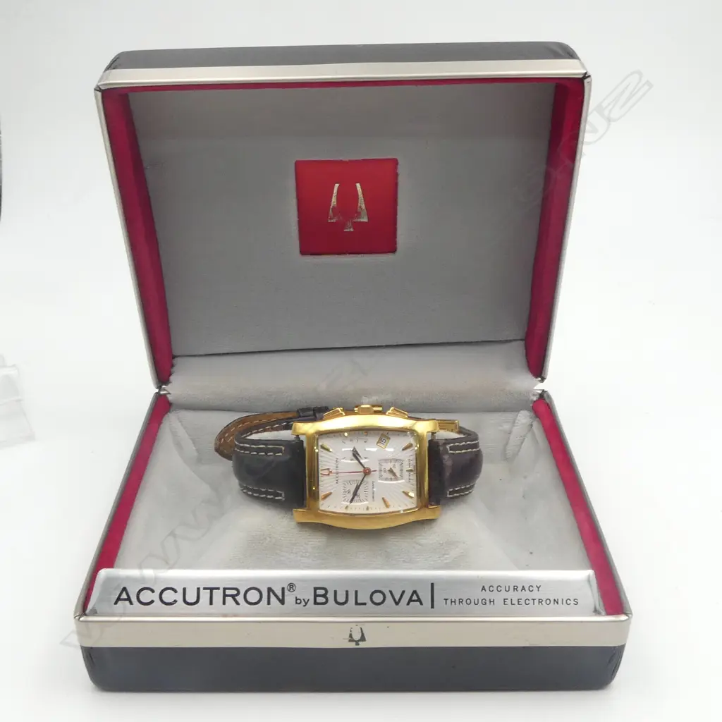 BULOVA ACCUTRON A3 gold plated CHRONOGRAPH WRISTWATCH leather strap. Running. In named box. Image 1++
