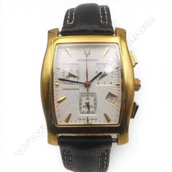 BULOVA ACCUTRON A3 gold plated CHRONOGRAPH WRISTWATCH leather strap. Running. In named box.