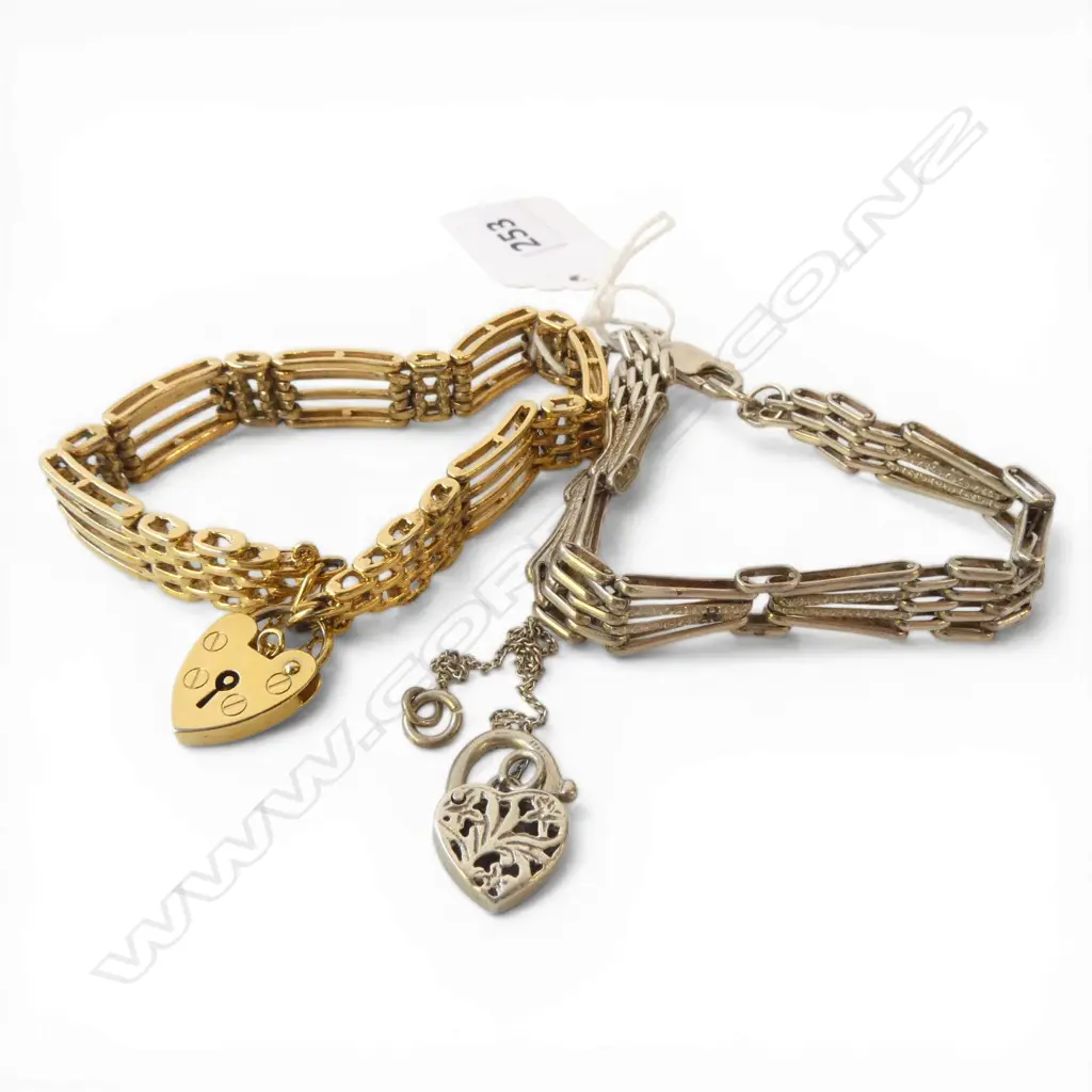 2 SILVER BRACELETS w. STG SILVER HEART CLASPS 41gms; 1 GOLD PLATED Image 1++