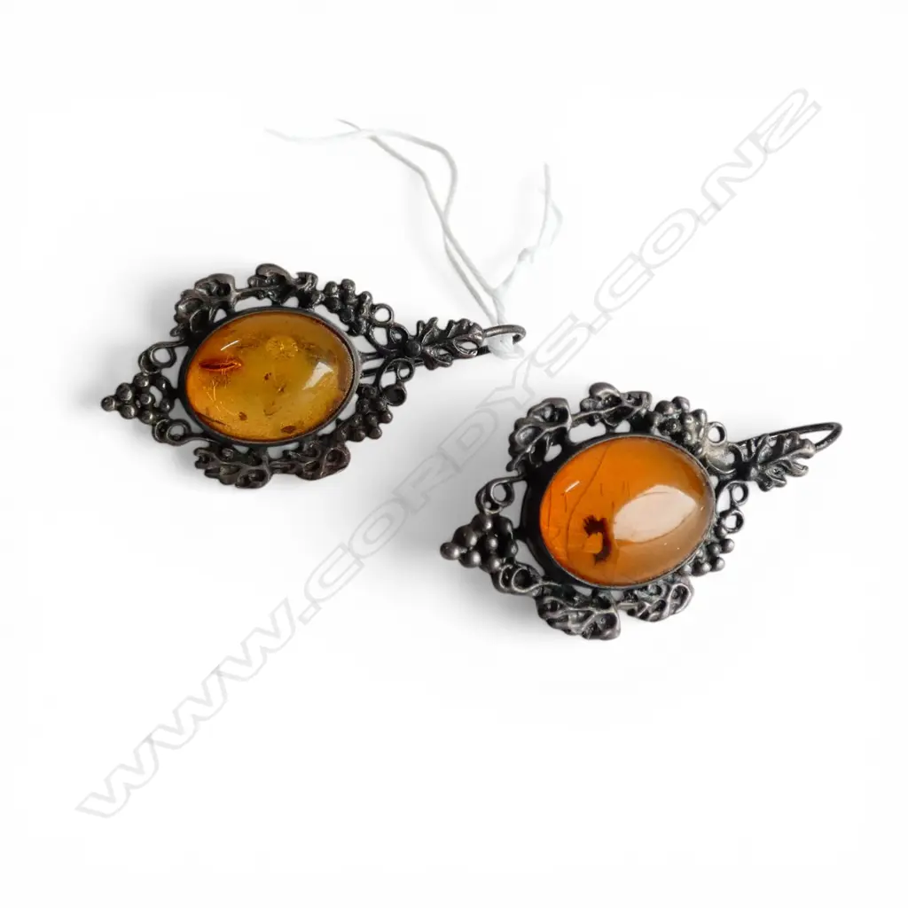 PR VINTAGE AMBER cabochon  & SILVER EARRINGS grape bunch frames Image 1++