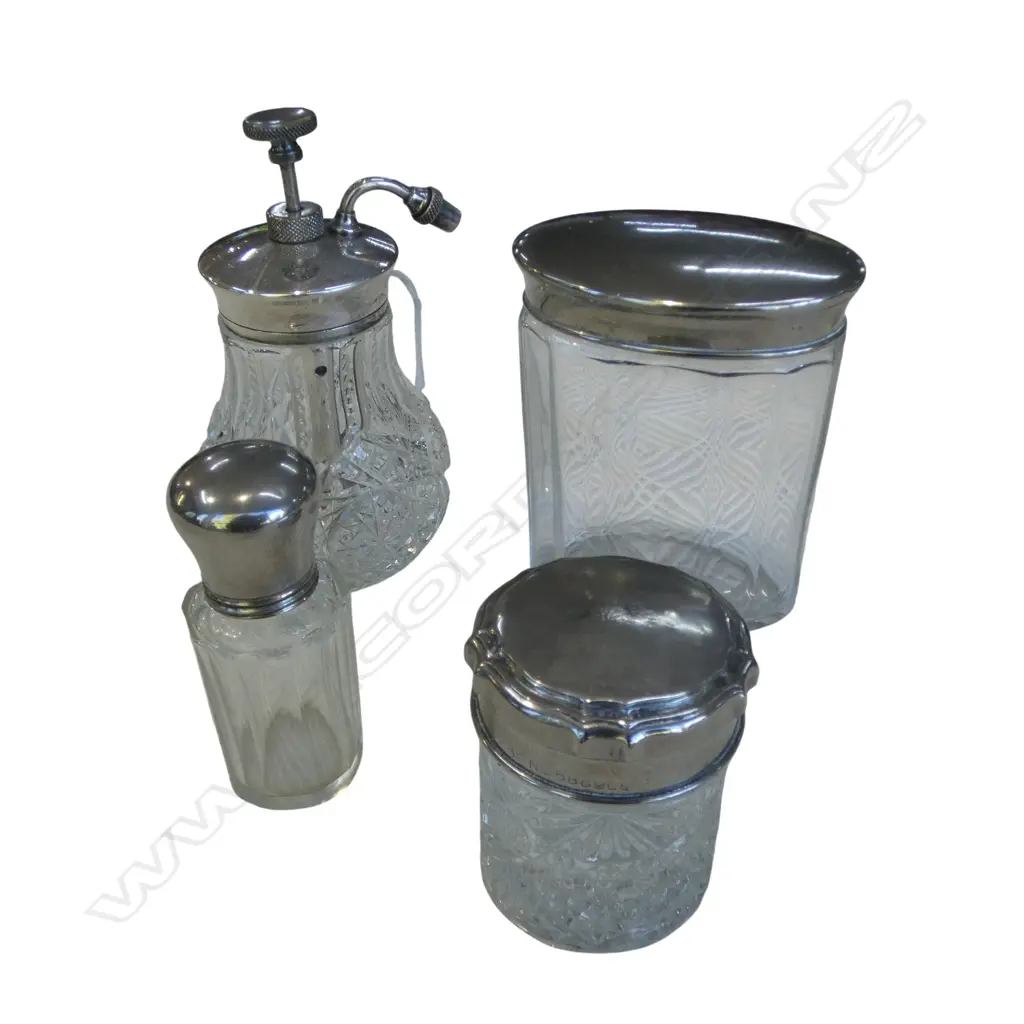 ANTIQUE CRYSTAL PERFUME BOTTLE & 3 VANITY JARS, H.120MM Image 1++