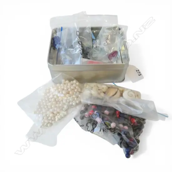 35ct FACET CUT/CHIP EMERALDS, PINK TOURMALINE CABOCHON (included) & TIN of LOOSE BEADS