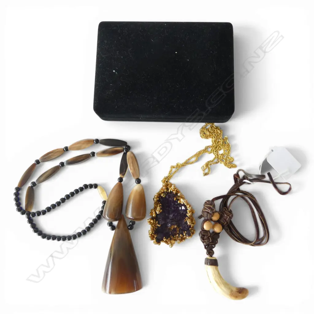 TRIBAL TOOTH & LEATHER NECKLACE & HEAVY AMETHYST GOLDTONE PENDANT+ HORN NECKLACE Image 1++