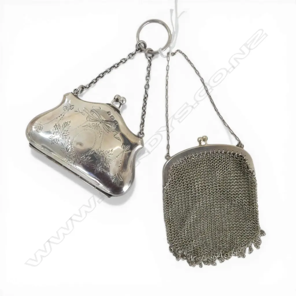 2 VINTAGE SILVER PURSES: 1 ENGRAVED + 1 CHAIN MAIL COIN PURSE 80gms Image 1++
