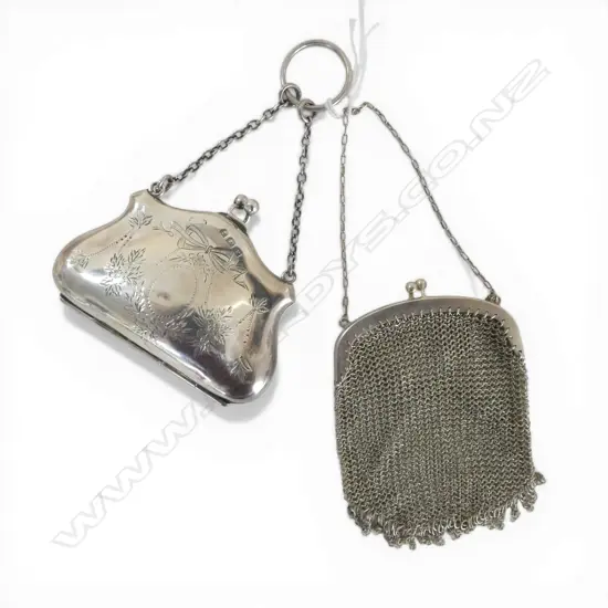 2 VINTAGE SILVER PURSES: 1 ENGRAVED + 1 CHAIN MAIL COIN PURSE 80gms
