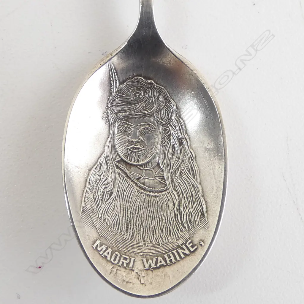 STG SILVER NZ SOUVENIR SPOON Maori figure finial relief image of Maori wahine to bowl. Birmingham 1912 Image 1++