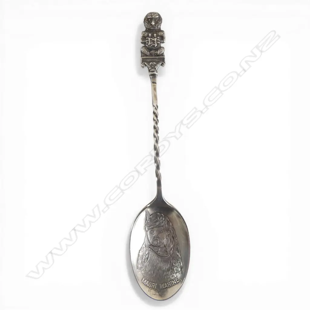 STG SILVER NZ SOUVENIR SPOON Maori figure finial relief image of Maori wahine to bowl. Birmingham 1912 Image 1++