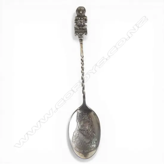 STG SILVER NZ SOUVENIR SPOON Maori figure finial relief image of Maori wahine to bowl. Birmingham 1912