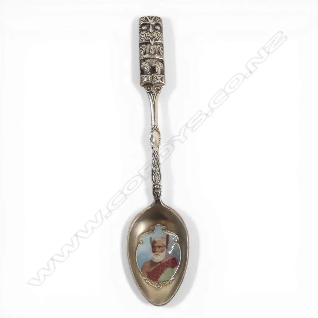 Early 20thC STG SILVER NZ SOUVENIR SPOON enamel picture of Maori Chief to bowl. Birmingham 1912. The handle as a... Image 1++
